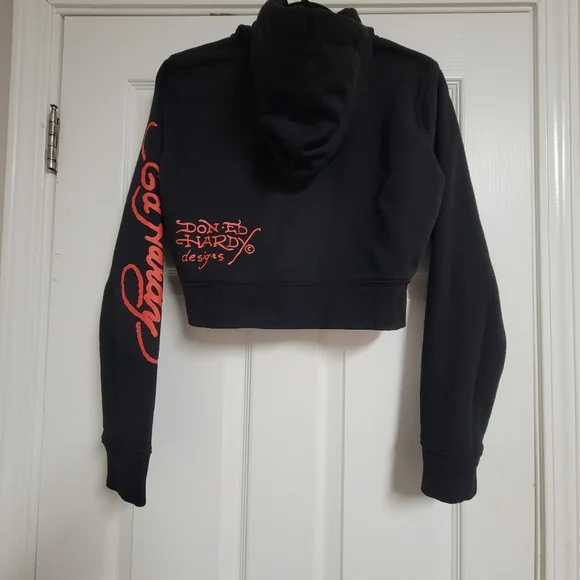 Ed Hardy Black New York City Nyc Skull Cropped Hoodie Size Large. - Picture 9 of 12